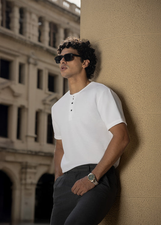 Casual Wear Waffle Notch  Neck  T-Shirt