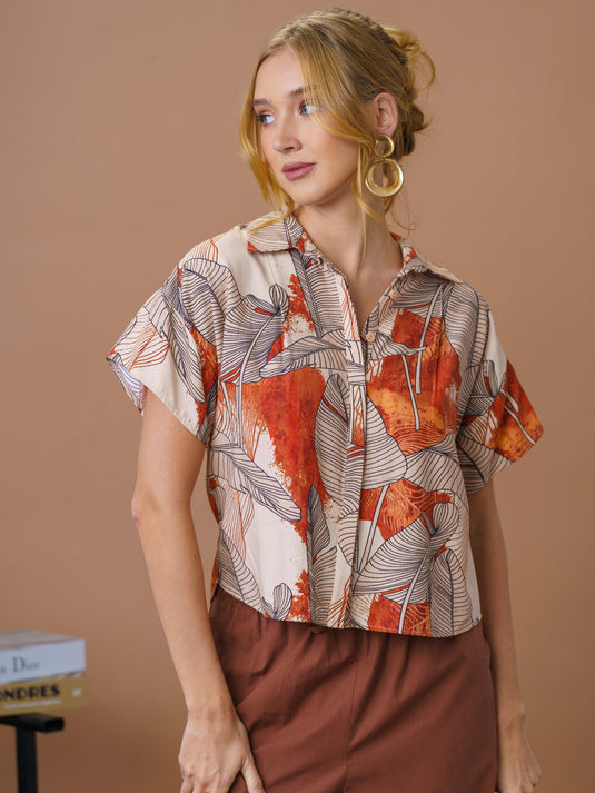 Printed button down crop top