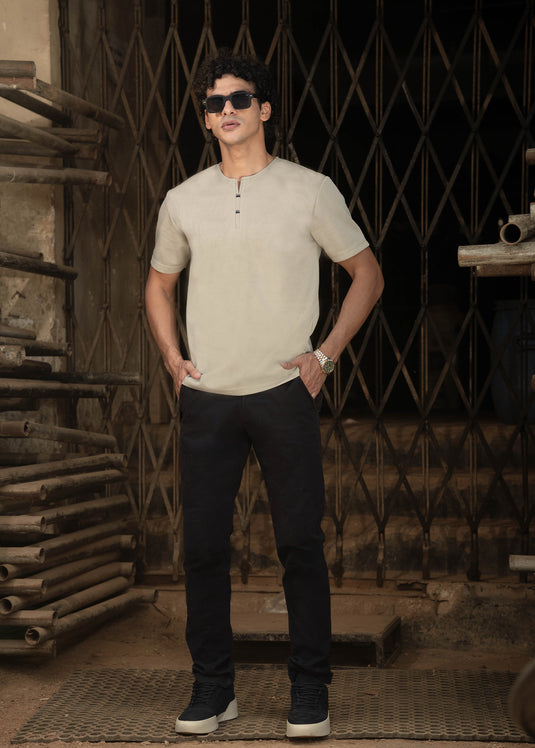 Casual Wear Waffle Notch  Neck  T-Shirt