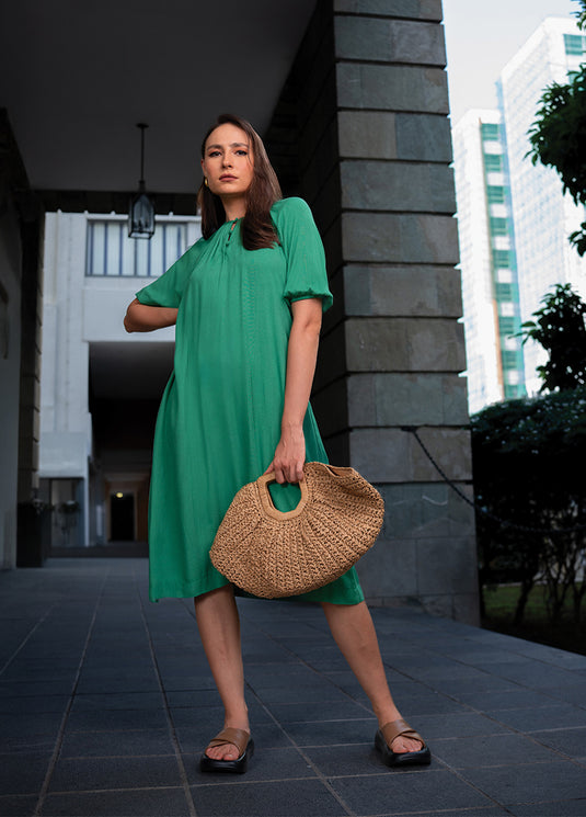 Raglan sleeve dress with puff sleeve