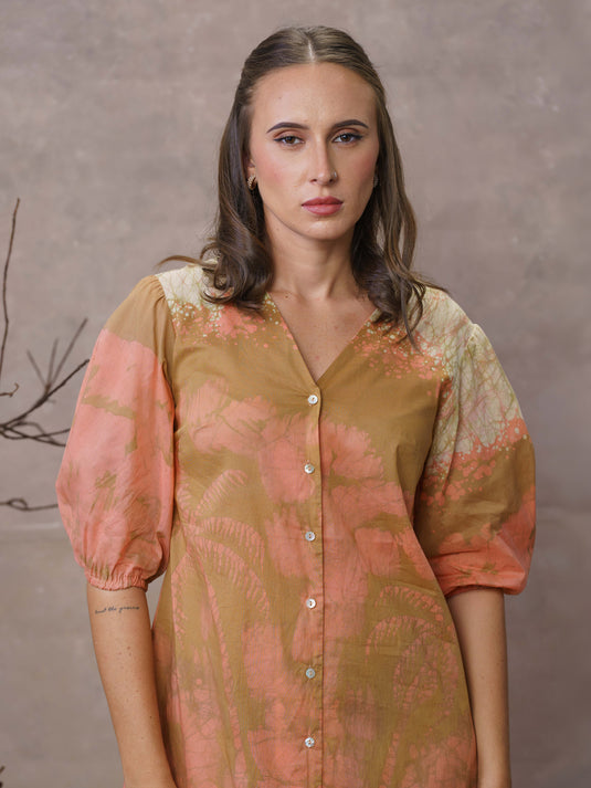 Coconut tree batik print A-line puff sleeve dress