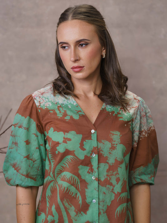 Coconut tree batik print A-line puff sleeve dress