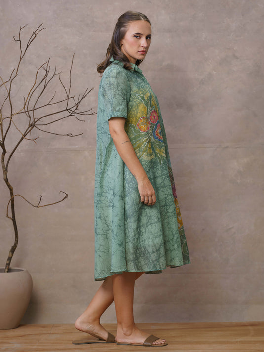 Sea bloom inspired A-line batik shirt dress