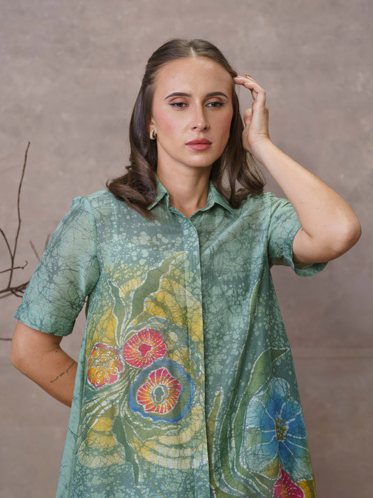 Sea bloom inspired A-line batik shirt dress