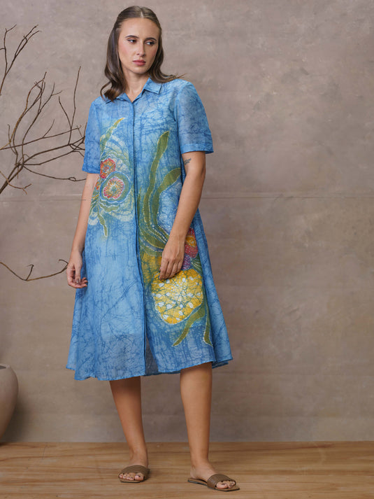 Sea bloom inspired A-line batik shirt dress