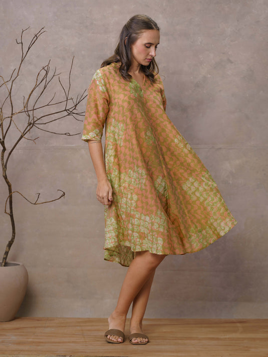 Waves and coral inspired batik A-line midi dress with v-Notch neckline