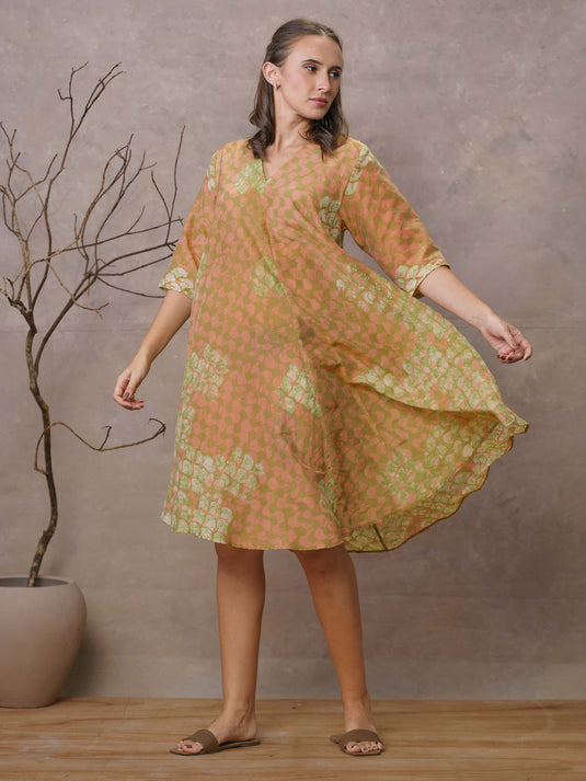 Waves and coral inspired batik A-line midi dress with v-Notch neckline