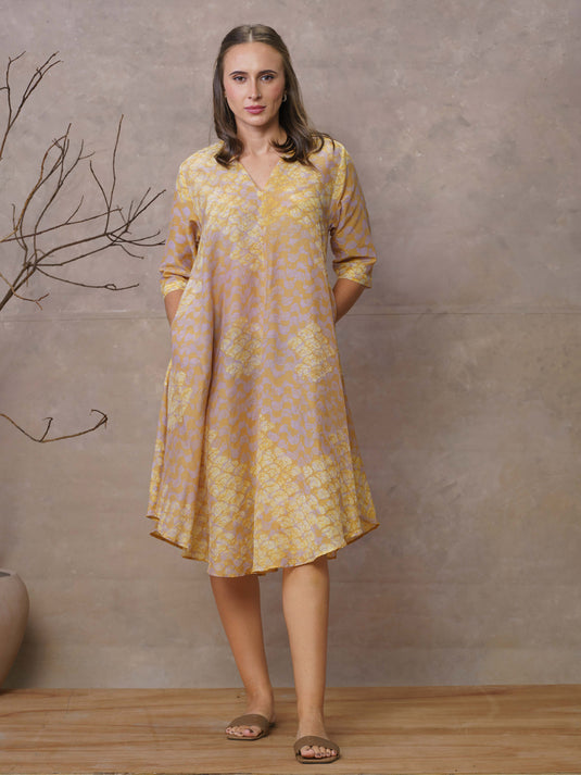 Waves and coral inspired batik A-line midi dress with v-Notch neckline