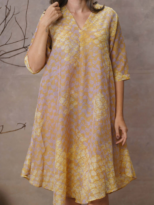 Waves and coral inspired batik A-line midi dress with v-Notch neckline