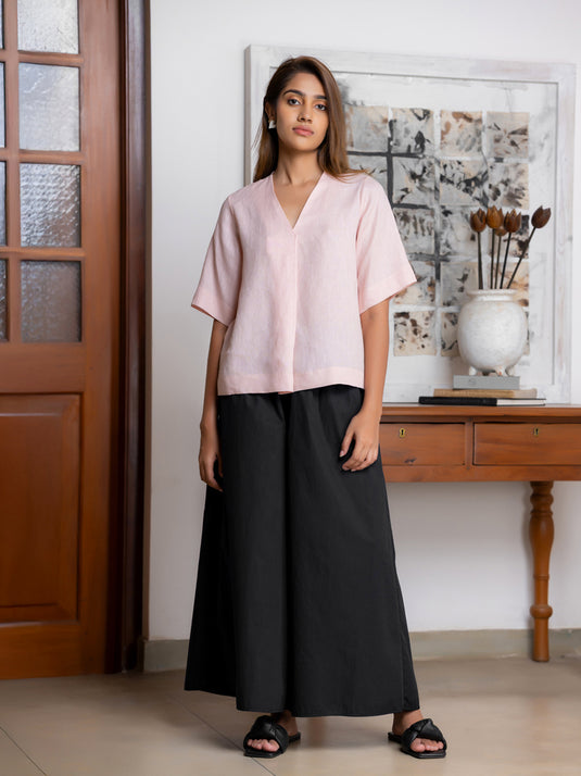 V neck linen blouse with front pleat