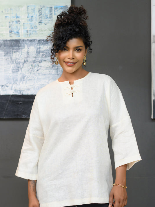 Long sleeve premium linen blouse with knot detail