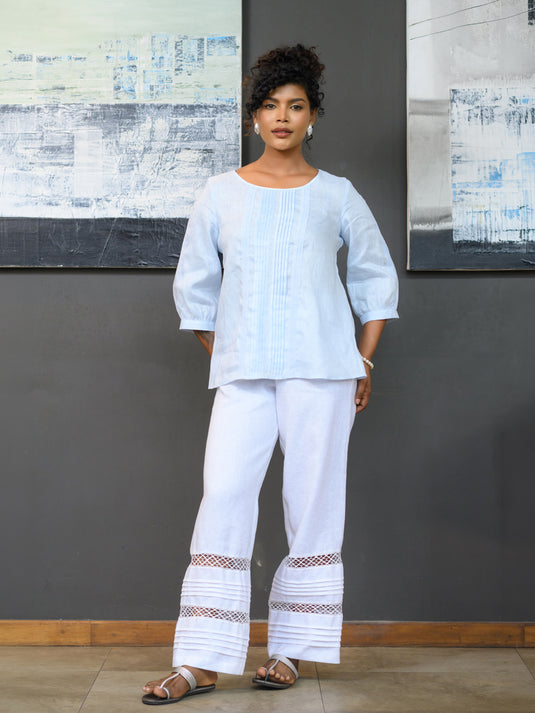 Round neck premium linen blouse with lace detail