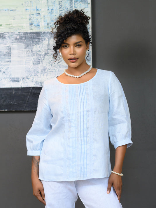 Round neck premium linen blouse with lace detail
