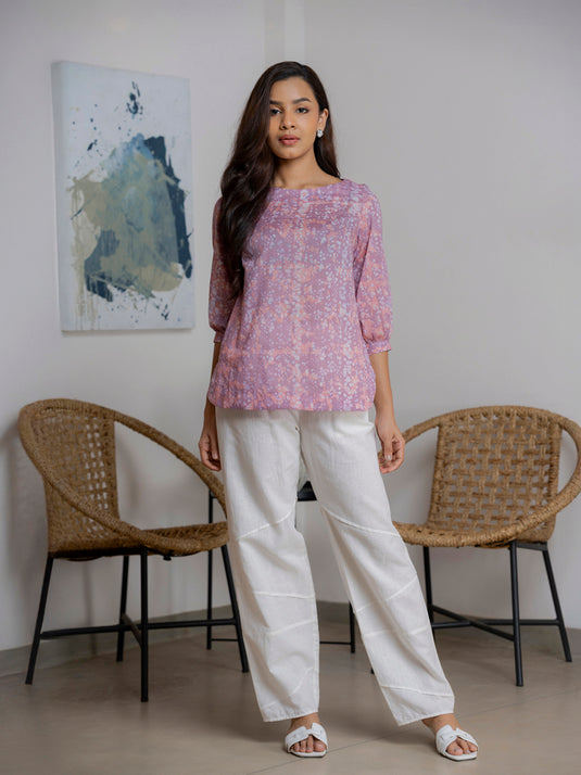 Round neck bishop sleeve top