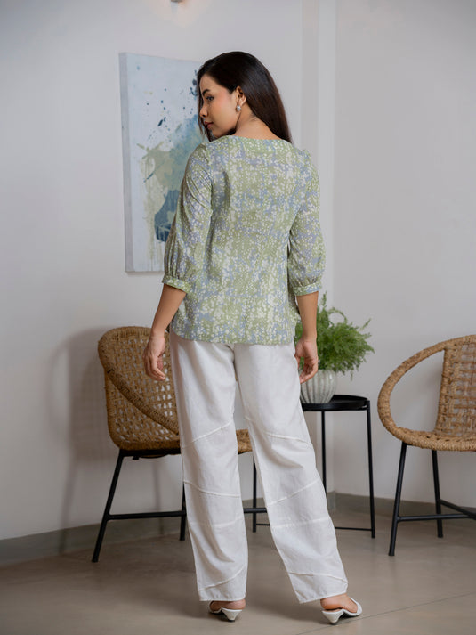 Round neck bishop sleeve top