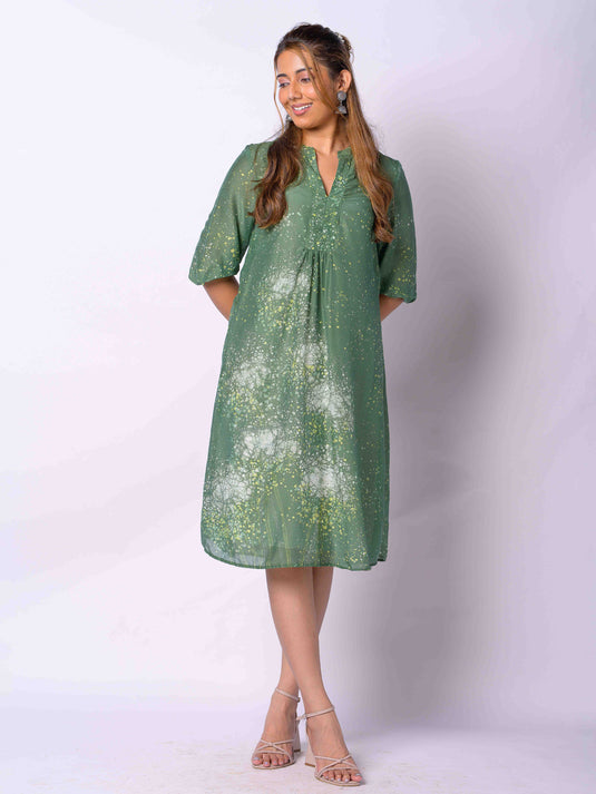 Floral Detailed Puff Sleeve A-Line Dress
