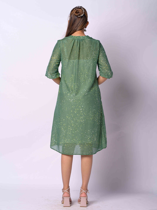 Floral Detailed Puff Sleeve A-Line Dress