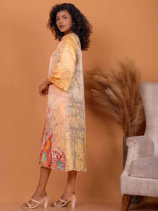 Batik bell sleeve straight dress