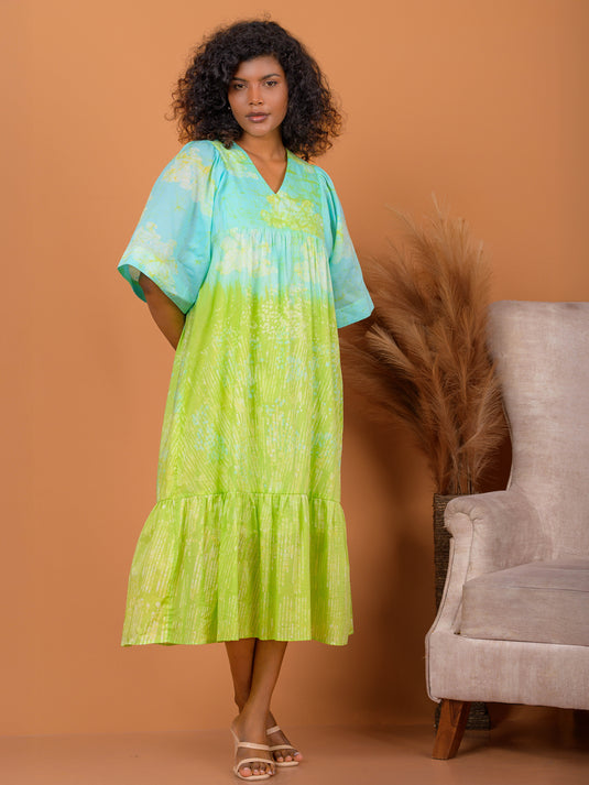 Batik midi dress detailed with bottom frill