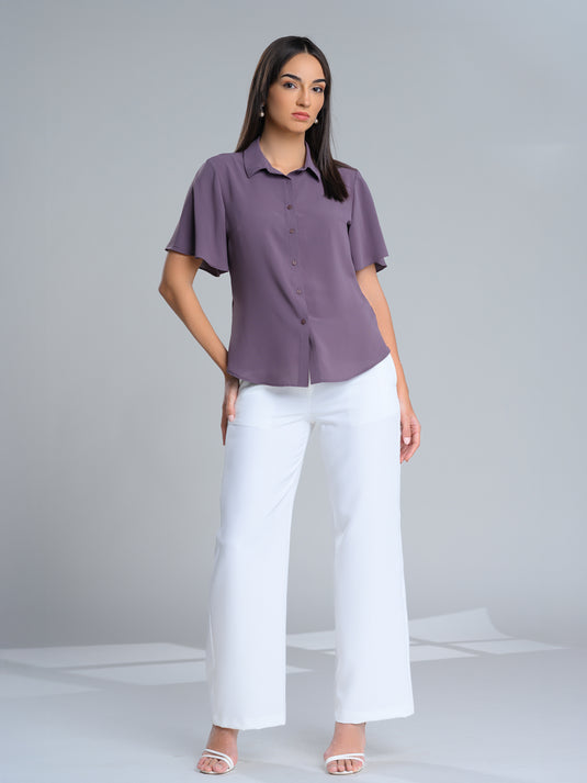 Button down blouse with short flared sleeve