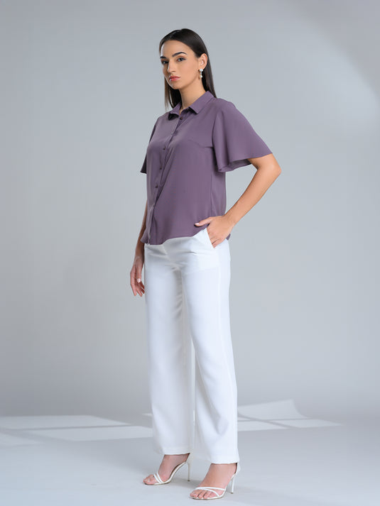 Button down blouse with short flared sleeve