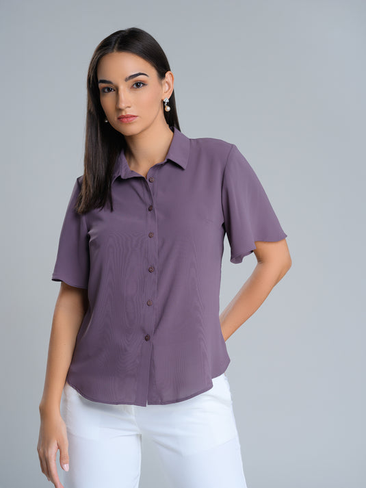 Button down blouse with short flared sleeve