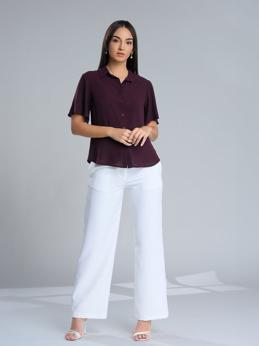 Button down blouse with short flared sleeve