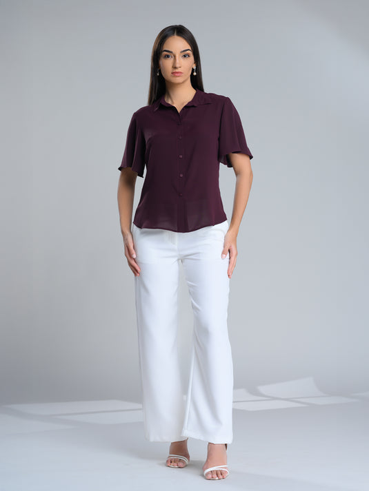 Button down blouse with short flared sleeve