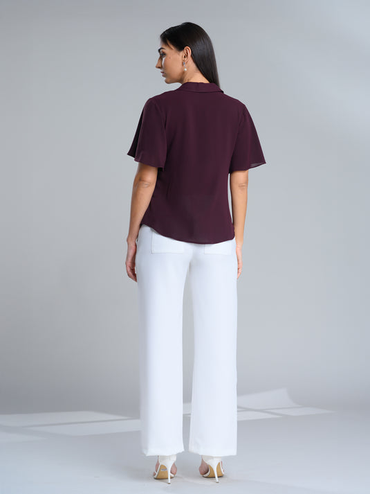 Button down blouse with short flared sleeve