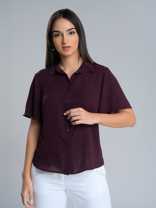 Button down blouse with short flared sleeve