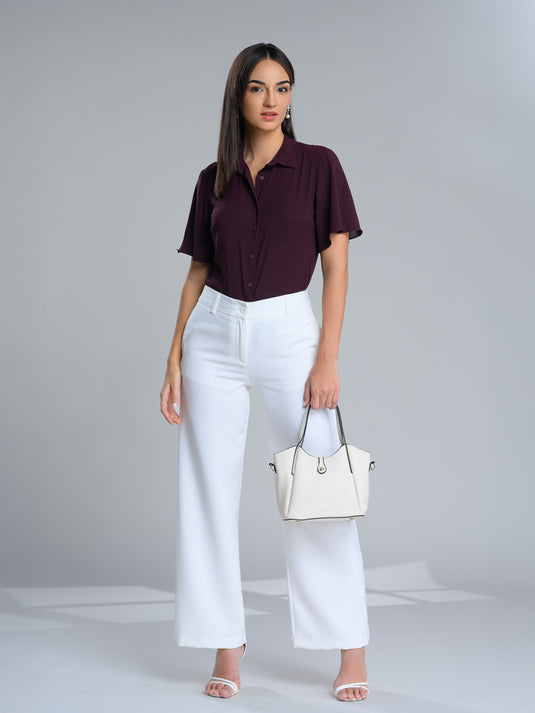 Button down blouse with short flared sleeve