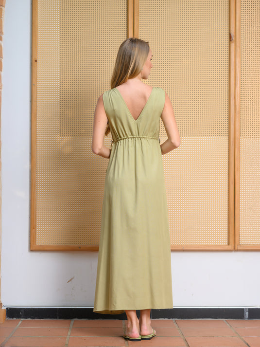V neck maxi dress with draw string
