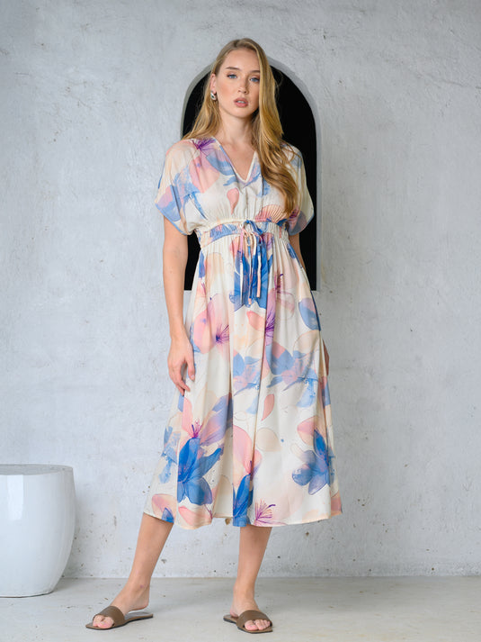Kimono sleeve printed midi dress