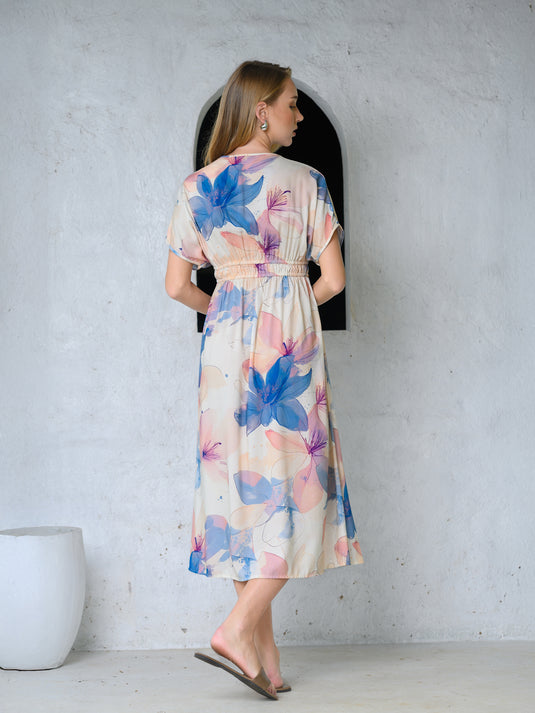 Kimono sleeve printed midi dress