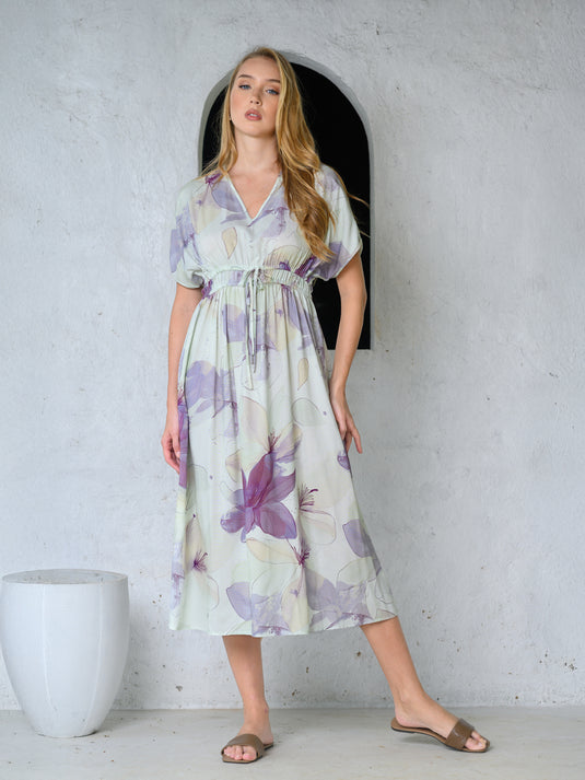 Kimono sleeve printed midi dress