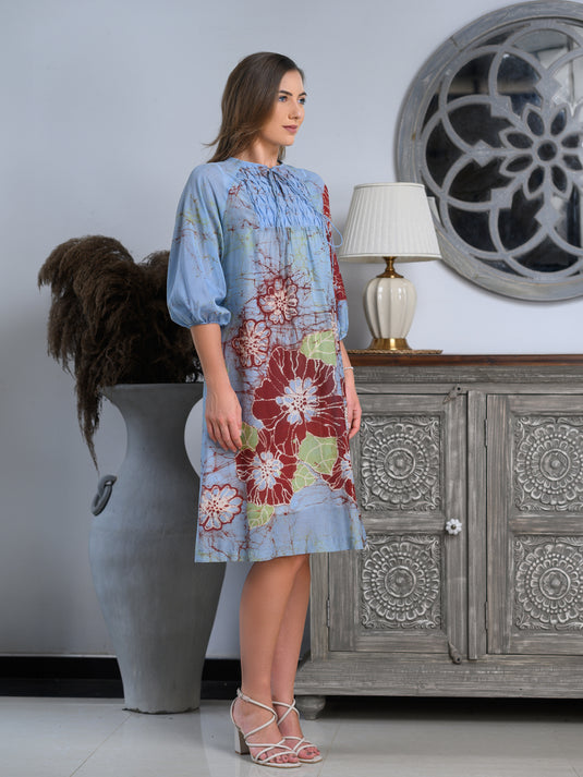 Batik puff sleeve dress detailed with pintuk front yoke