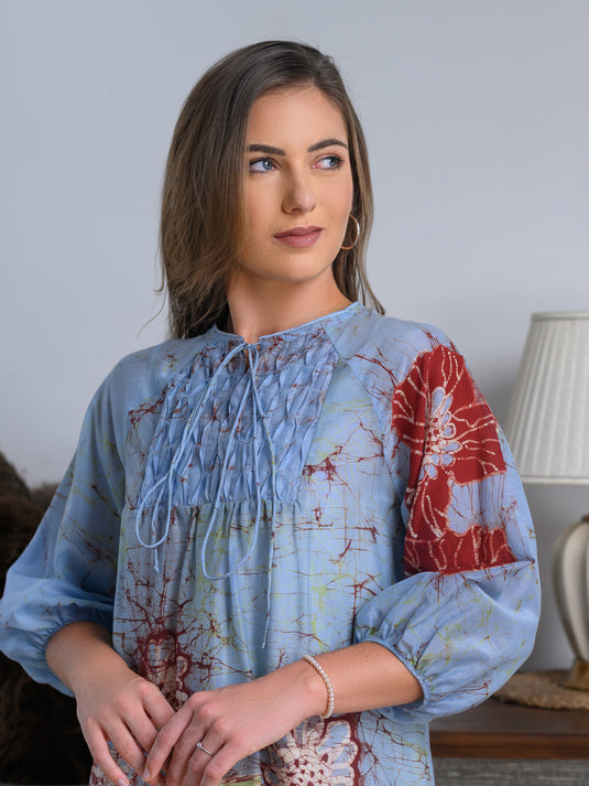 Batik puff sleeve dress detailed with pintuk front yoke