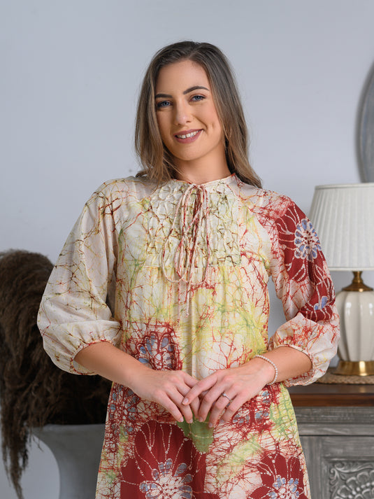 Batik puff sleeve dress detailed with pintuk front yoke