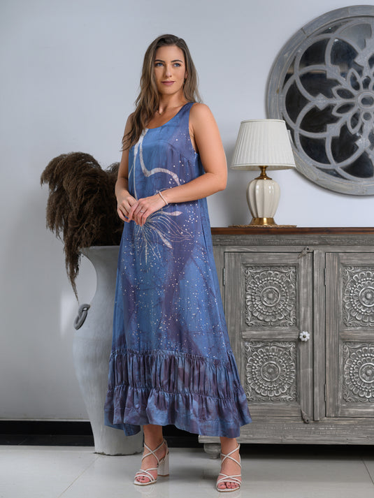 Sleeveless frill detailed batik maxi dress