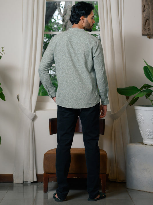 Printed Chinese Collar Long Sleeve Shirt