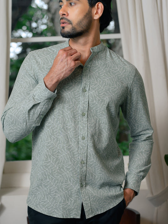 Printed Chinese Collar Long Sleeve Shirt