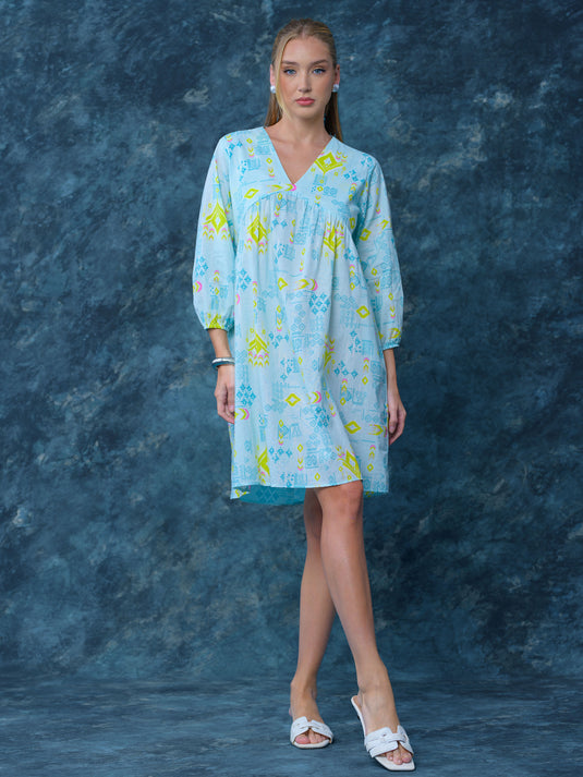 Printed V neck boho dress