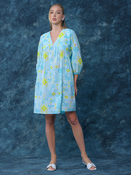 Printed V neck boho dress