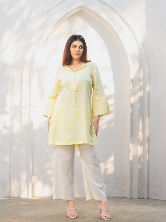 Premium linen kurtha top with contrast cuff & tassel detail