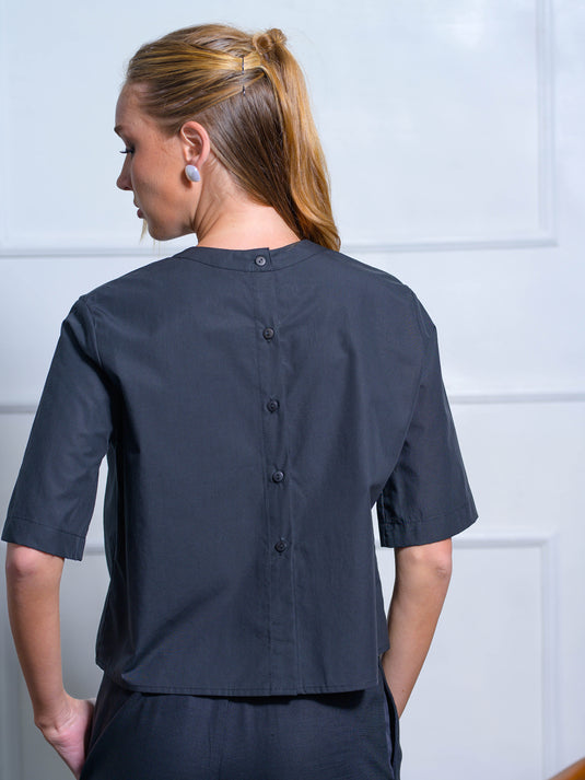 Basic round neck blouse with button douwn back