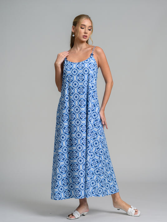 Bead detail printed strappy maxi dress