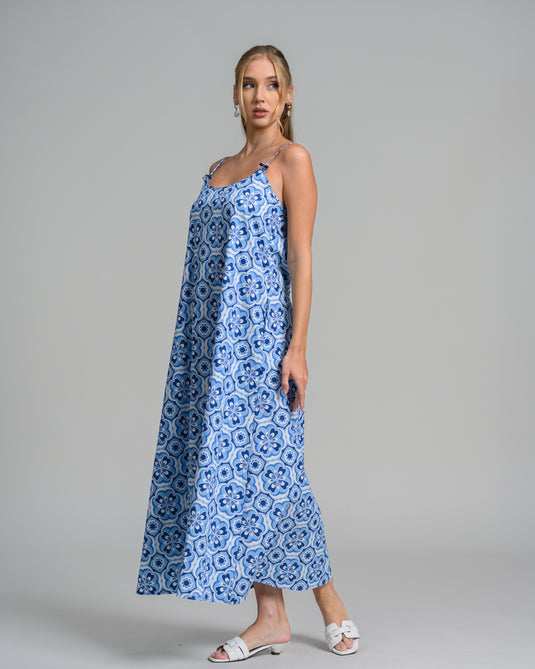 Bead detail printed strappy maxi dress