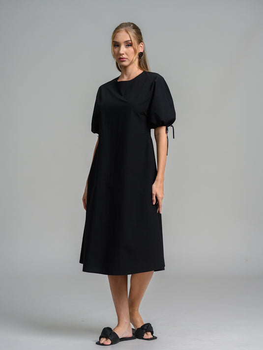 Midi dress with drawcord puff sleeve