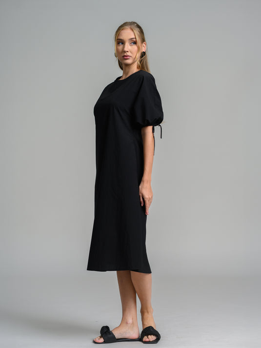 Midi dress with drawcord puff sleeve