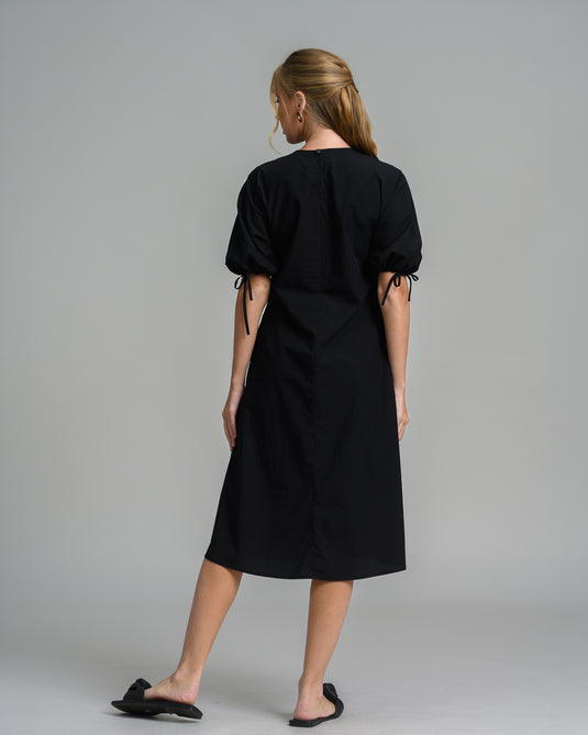 Midi dress with drawcord puff sleeve